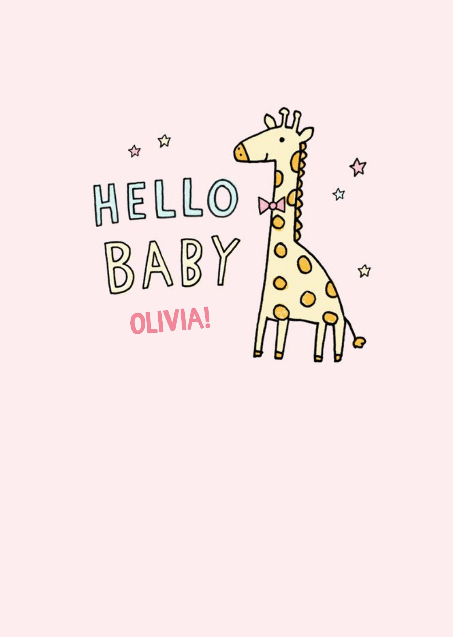 Illustrated Giraffe Surrounded By Stars. Hello Baby, New Baby Girl Card Ecard