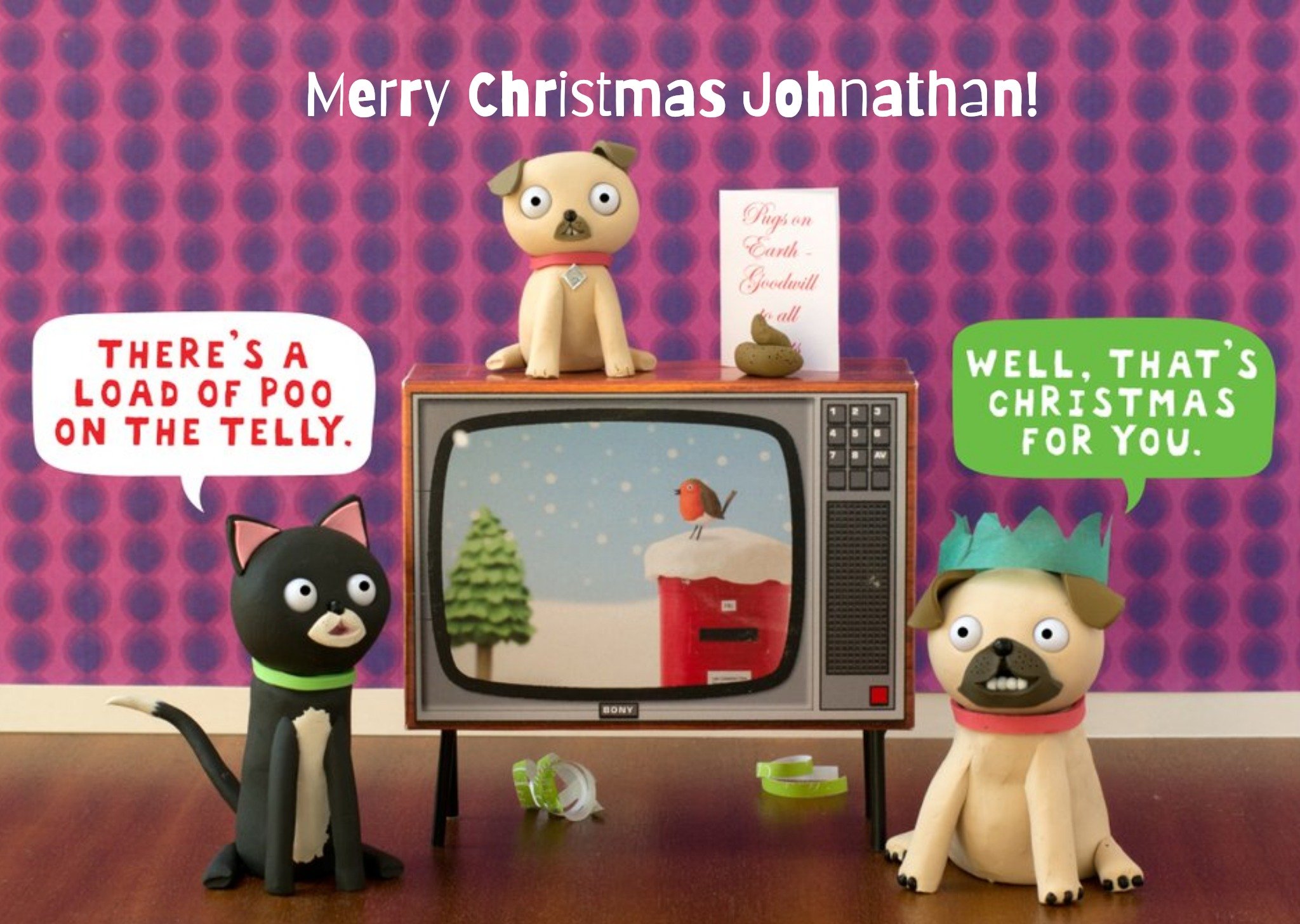 Moonpig Cartoon There's A Load Of Poo On The Telly Personalised Merry Christmas Card, Large