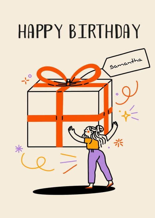 Illustrated Character with Large Gift Box Customisable Birthday Card