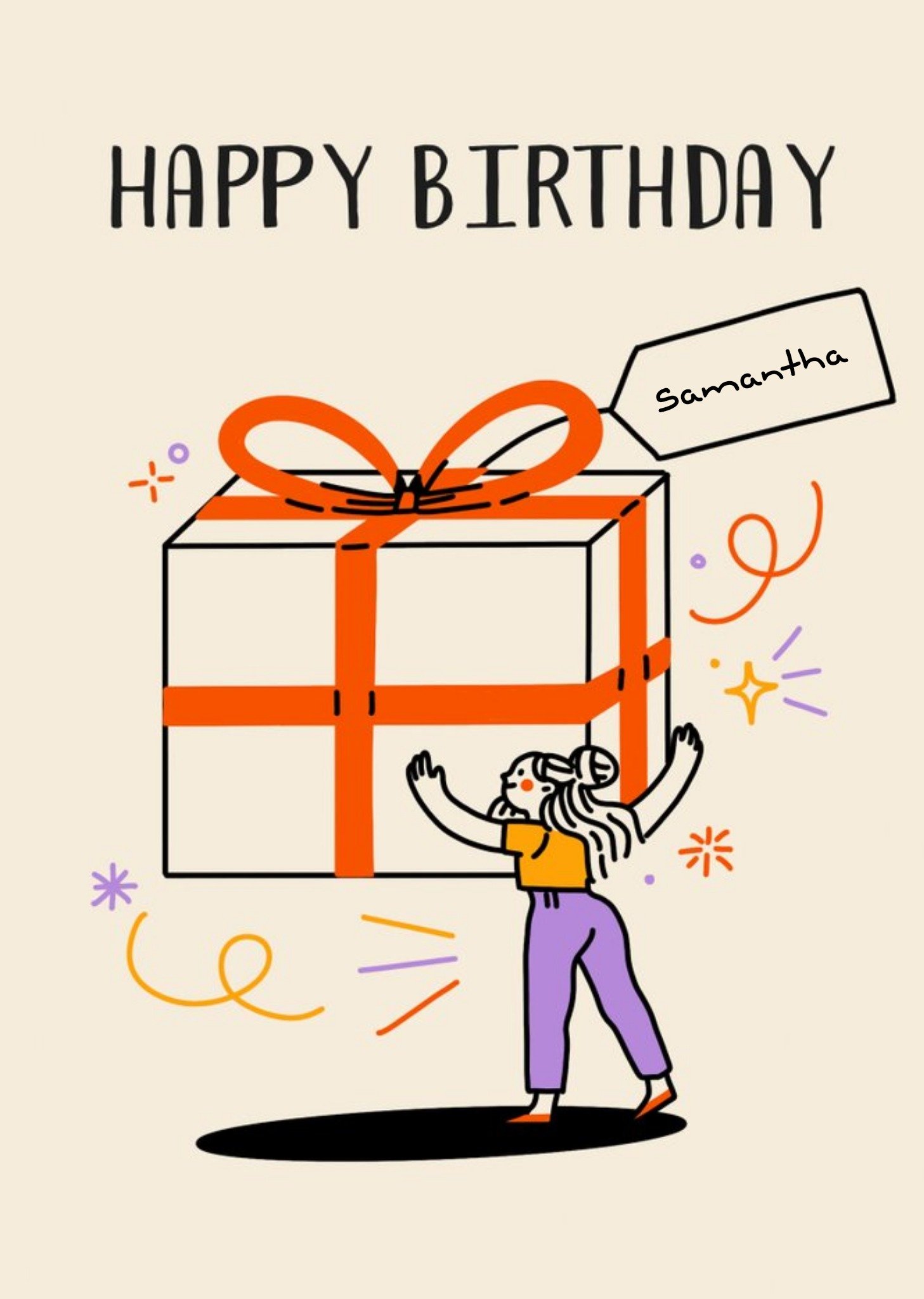 Illustrated Character With Large Gift Box Customisable Birthday Card Ecard