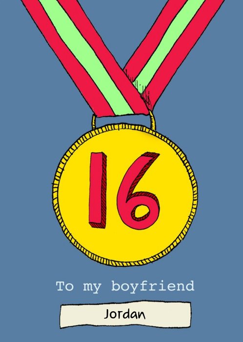 Illustrated Gold Medal Boyfriend 16th Birthday Card