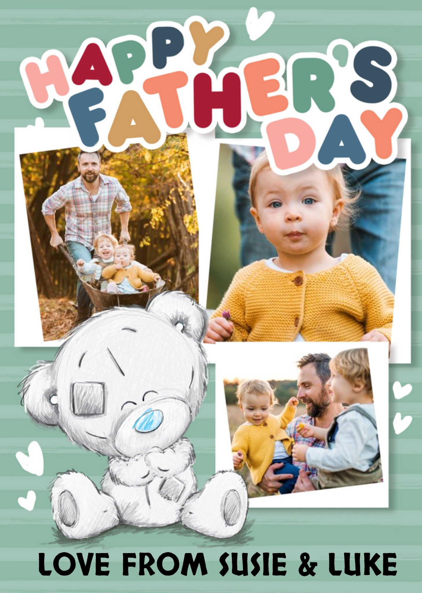 Tiny Tatty Teddy Cute Illustration With 3 Photo Upload Frames Father's Day Card Ecard