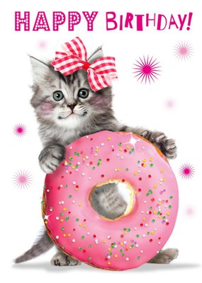 Cute Kitten With Pink Doughnut Birthday Card