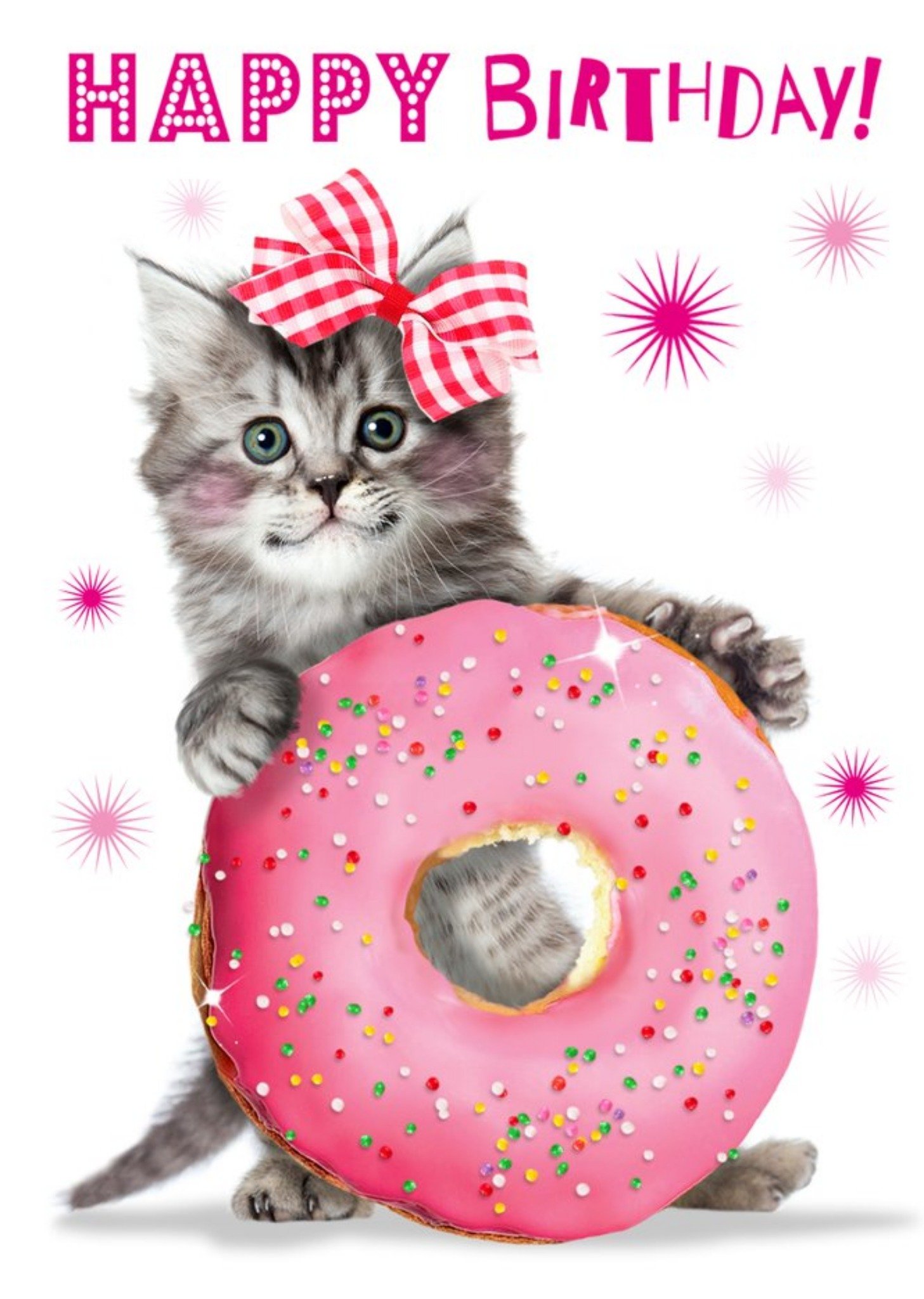 Moonpig Cute Kitten With Pink Doughnut Birthday Card Ecard
