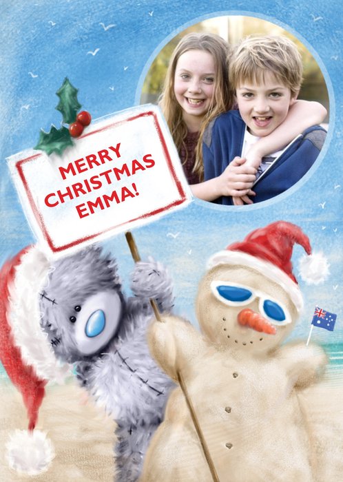 Tatty Teddy With Australian Snowman Personalised Photo Upload Christmas Card