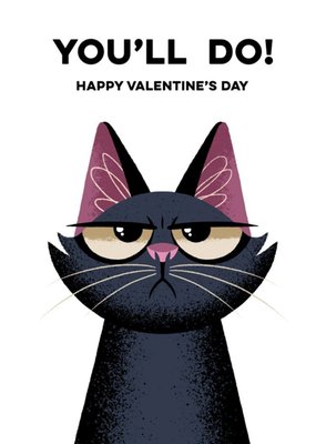 Humorous Illustrated Grumpy Black Cat Valentine's Day Card
