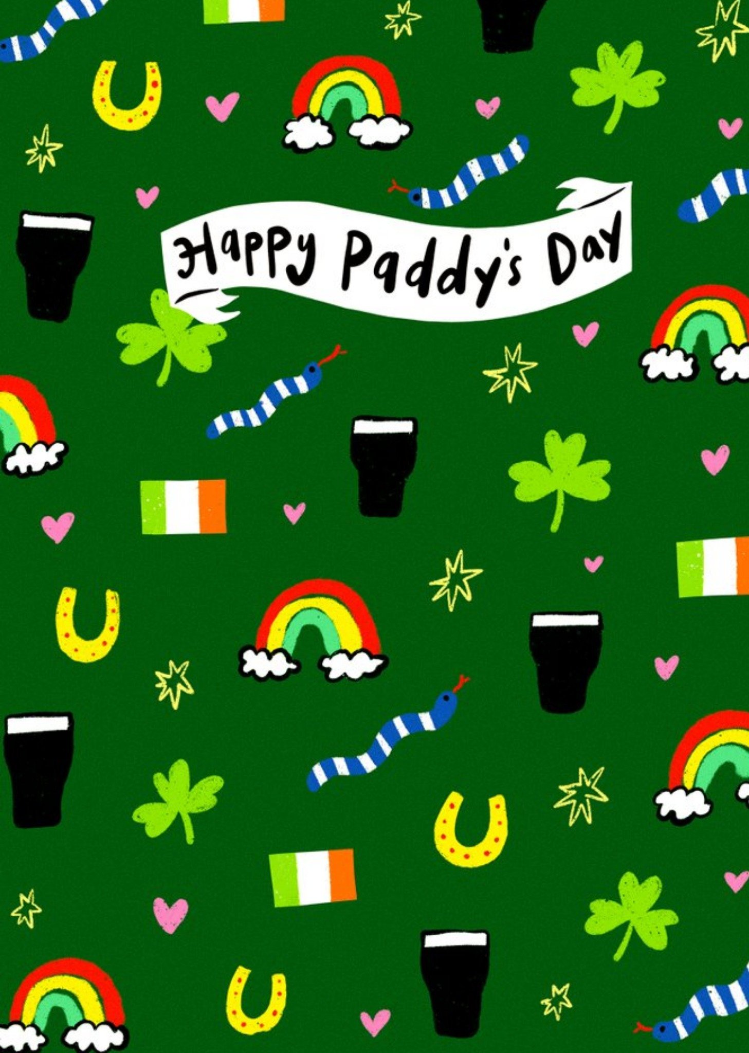 Spot Art Pattern With Shamrocks Irish Flags Rainbows Horseshoes And Guiness Happy Paddys Day Card Ecard