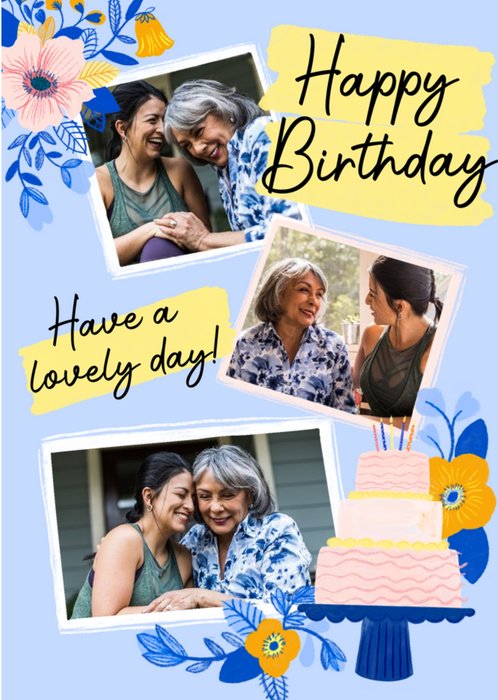 Cake and Flower Illustrations Photo Upload Birthday Card