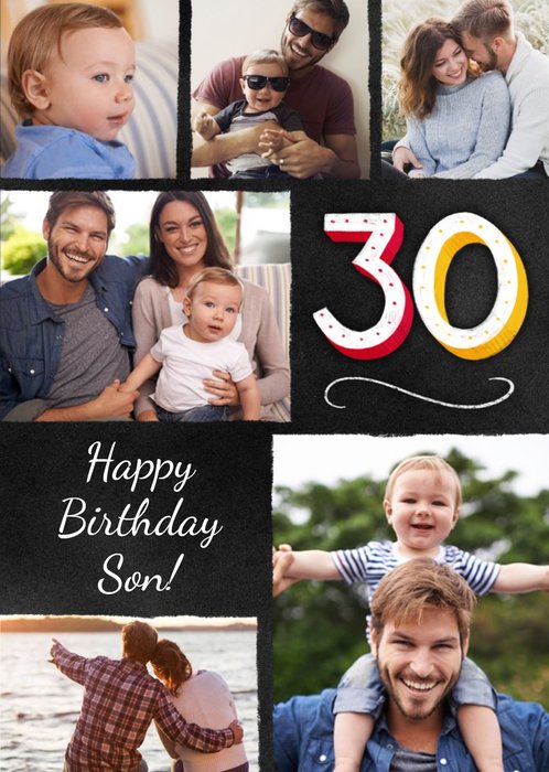 Colourful Typographic Son 30th Photo Upload Birthday Card