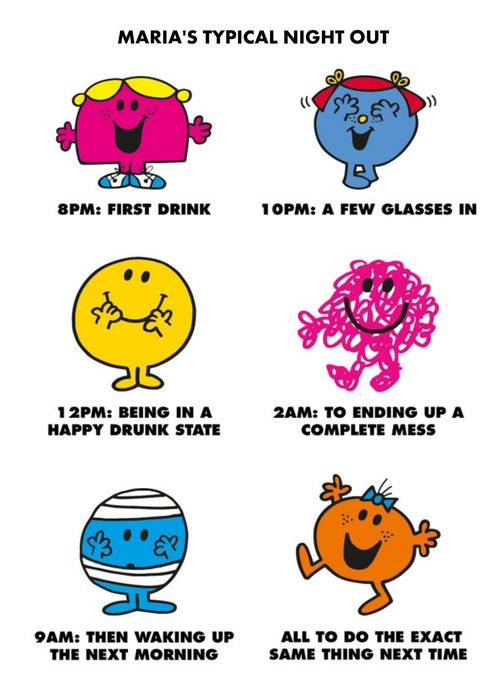 Birthday Card - Mr Men - Little Miss - funny card - night out