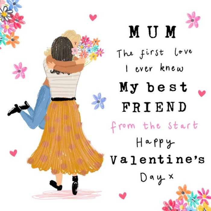 Illustration Of A Mother And Daughter Hugging Surrounded By Flowers Mother's Valentine's Day Card