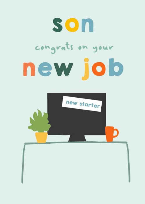 Illustration Of An Office Desk With Colourful Typography New Job Congratulations Card