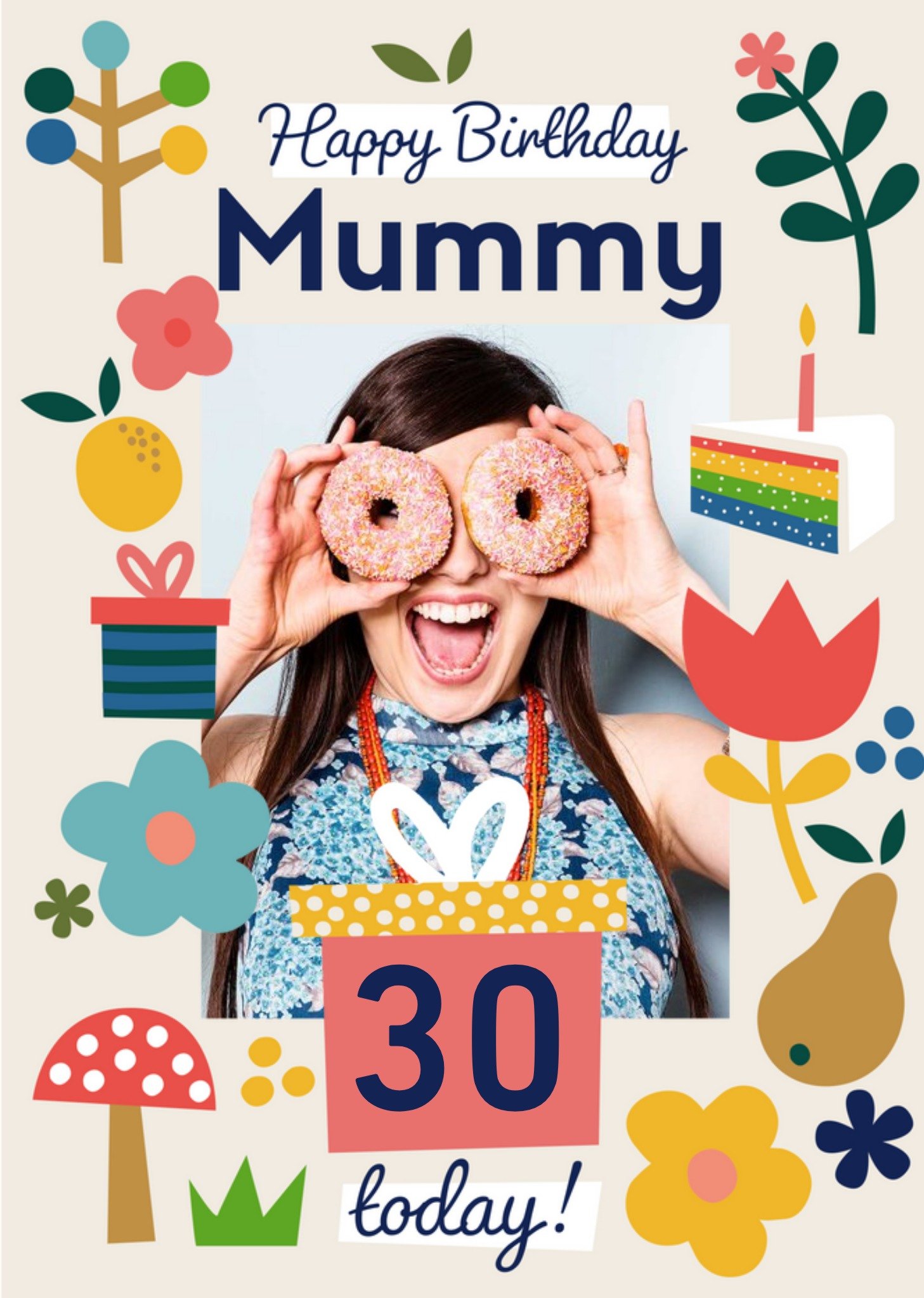 Moonpig Vibrant Spot Illustrations Including Cake And Presents Mummy's Photo Upload Birthday Card Ec