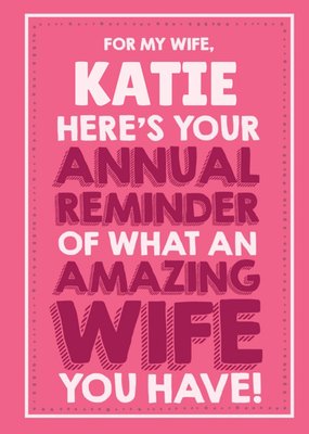 Funny Here's Your Annual Reminder Of What An Amazing Wife You Have Pink Anniversary Card