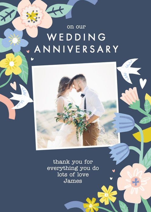 Illustrated Floral Photo Upload Anniversary Card