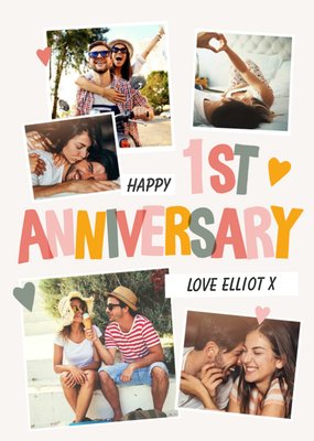 Collage Of Five Photo Frames With Colourful Typography 1st Anniversary Photo Upload Card