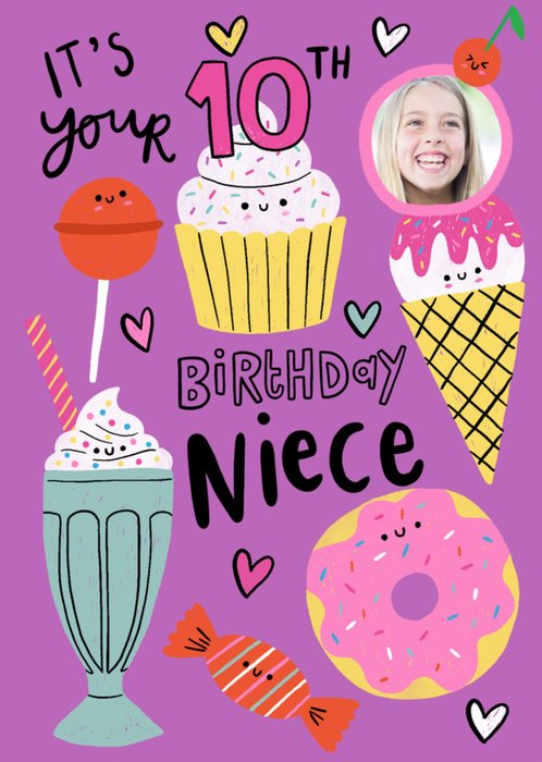It's Your 10th Birthday Niece Illustrated Doughnuts Ice Cream Sweets Photo Upload Birthday Card