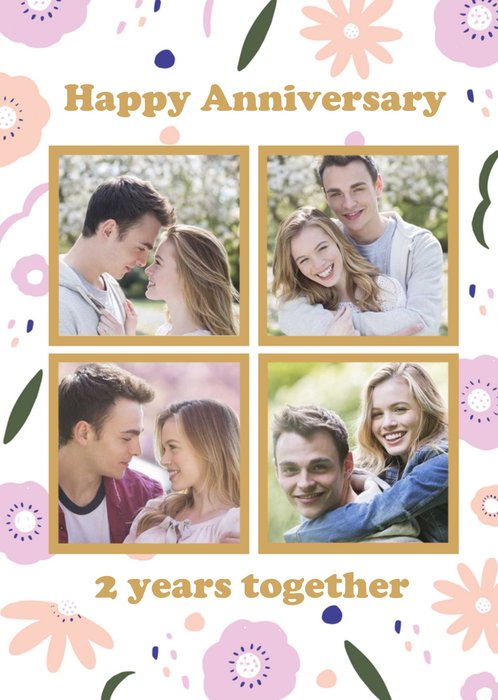 Four Photo Frames On A Flowery Pattern Background Happy Anniversary Photo Upload Card