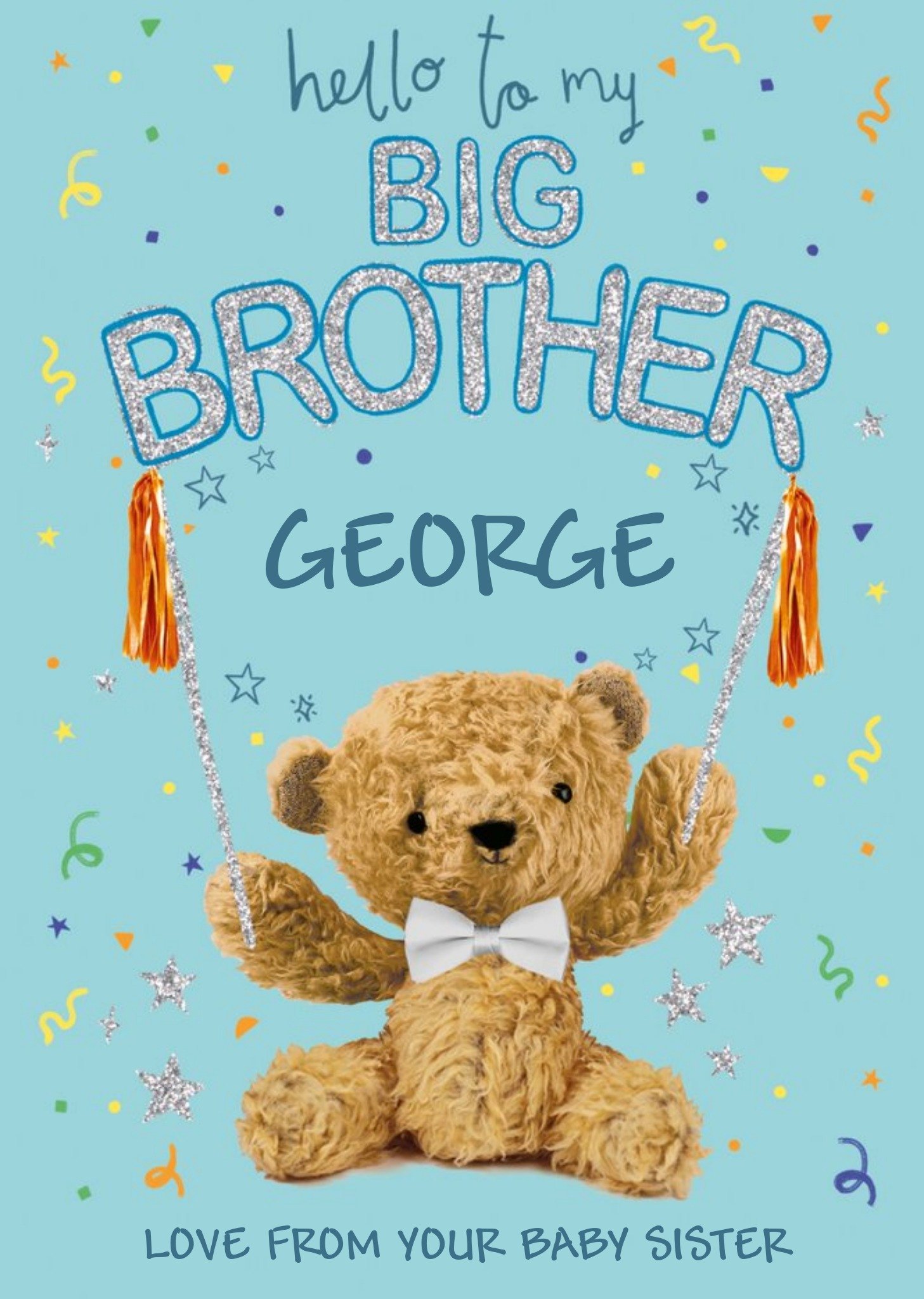 Moonpig Blue Illustrated Teddy Bear Customisable Hello To My Big Brother Card Ecard