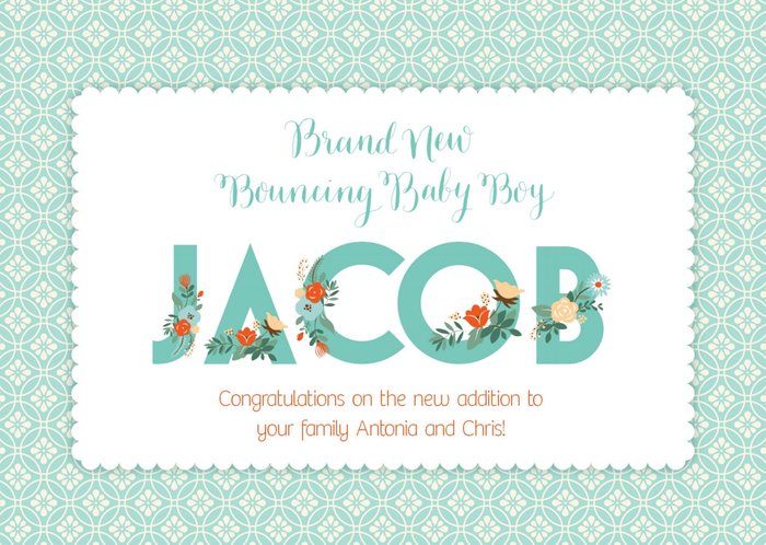 Brand New Bouncing Baby Boy Personalised Congratulations Card