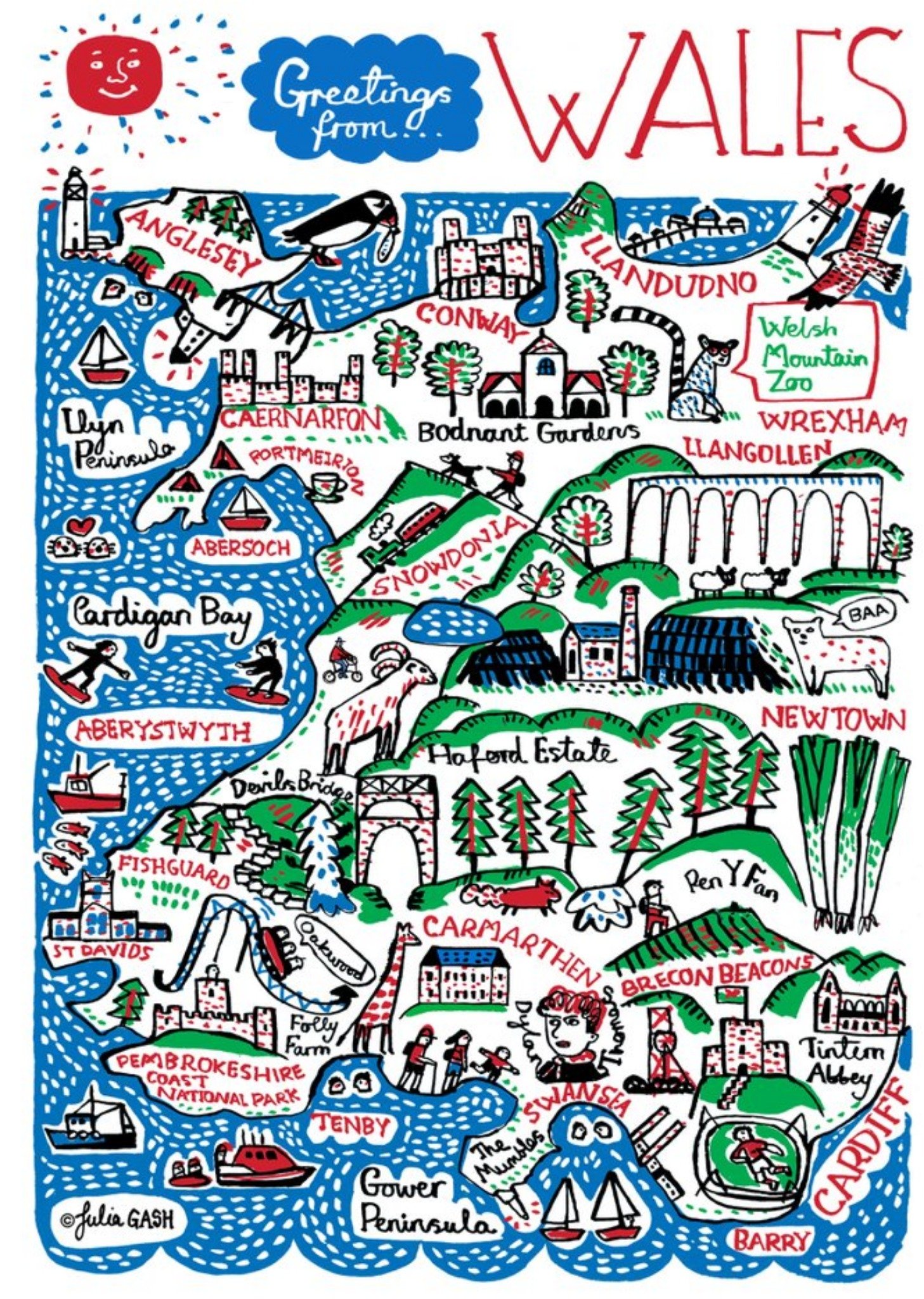 Moonpig Illustrated Scenic Map Greetings From Wales Card Ecard