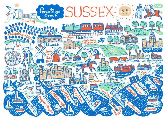 Illustrated Scenic Map Greetings From Sussex Card