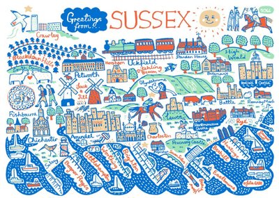 Illustrated Scenic Map Greetings From Sussex Card