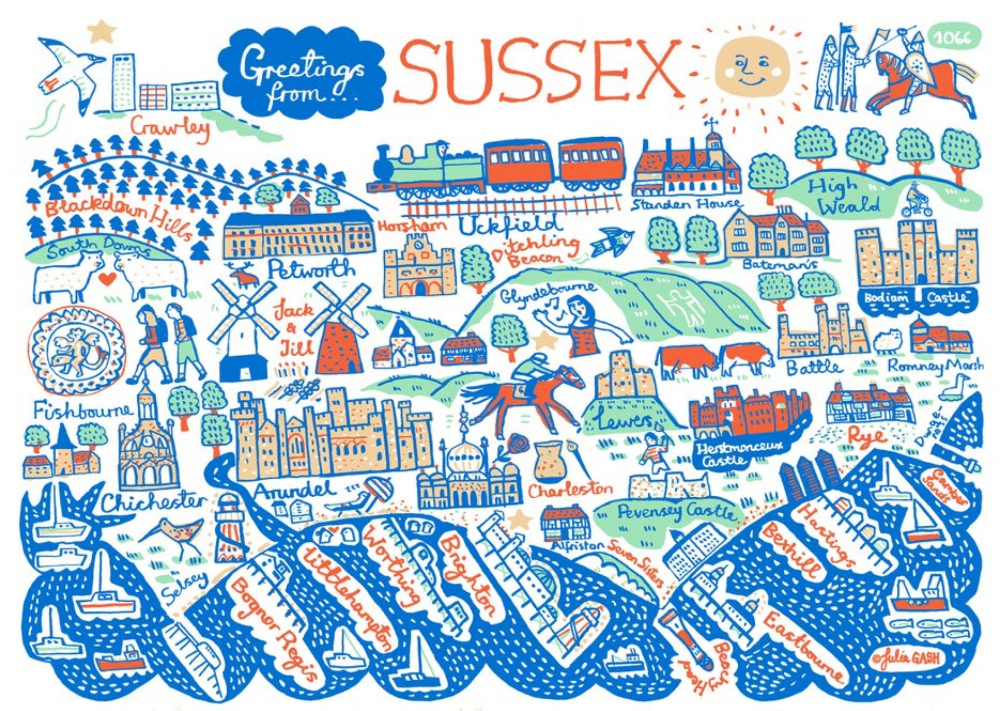 Illustrated Scenic Map Greetings From Sussex Card Ecard