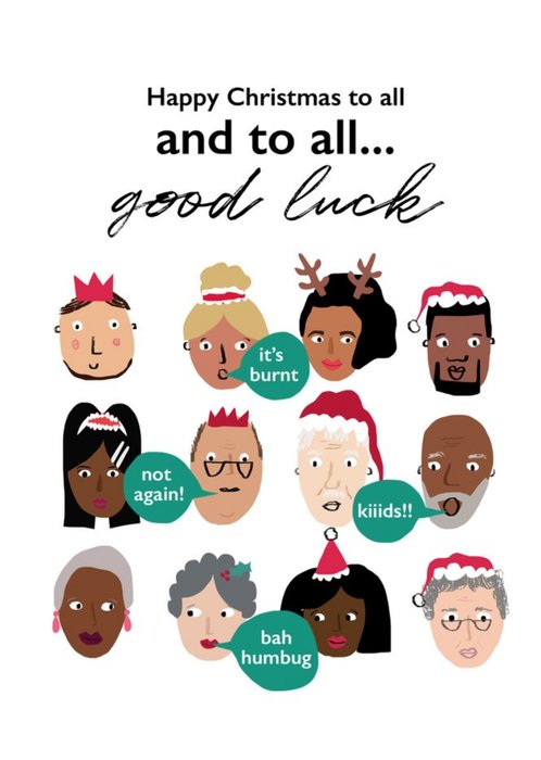 Diverse Character Faces Happy Christmas To All and To All Good Luck Christmas Card