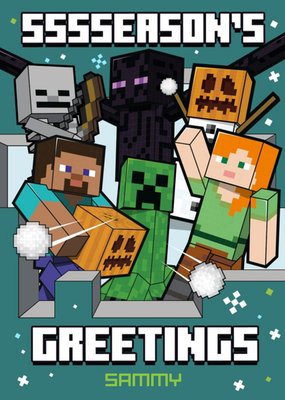 Minecraft Characters Snowball Fight Christmas Card