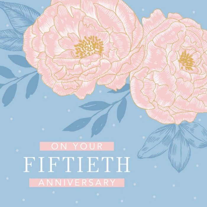 Traditional Peony Flowers Illustration Fiftieth Anniversary Card