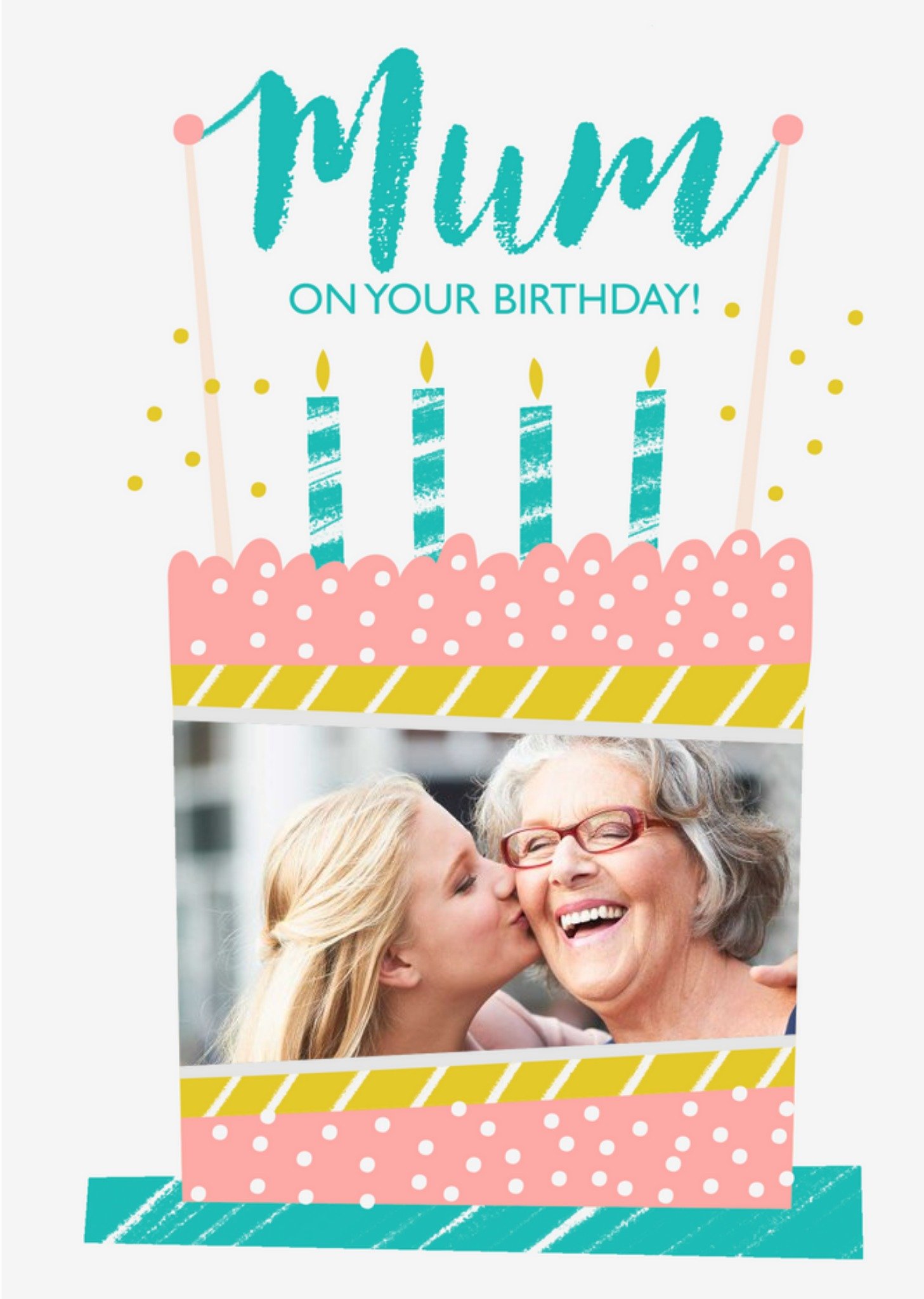 Moonpig Colourful Illustration Of A Cake Mum's Photo Upload Birthday Card, Large