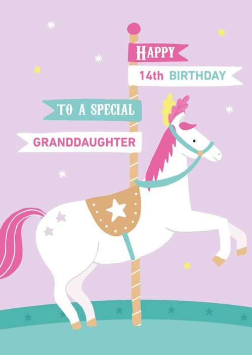 Illustrated Cute Horse Carousel Granddaughter Happy 14th Birthday To A Special Granddaughter Card