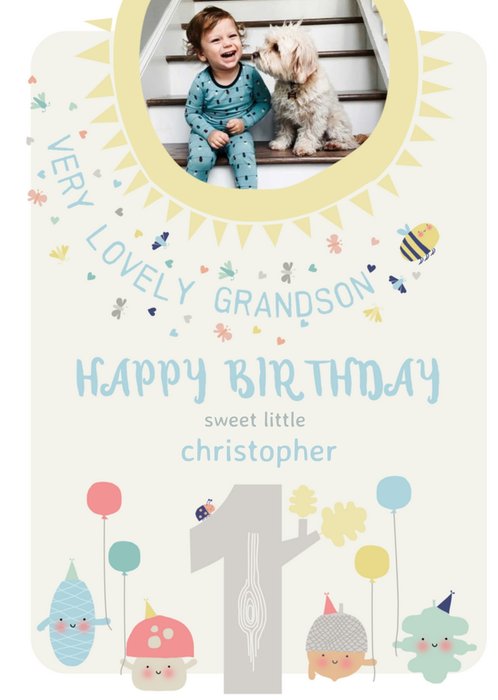 Little Acorns Lovely Grandson 1st Birthday Photo Upload Card
