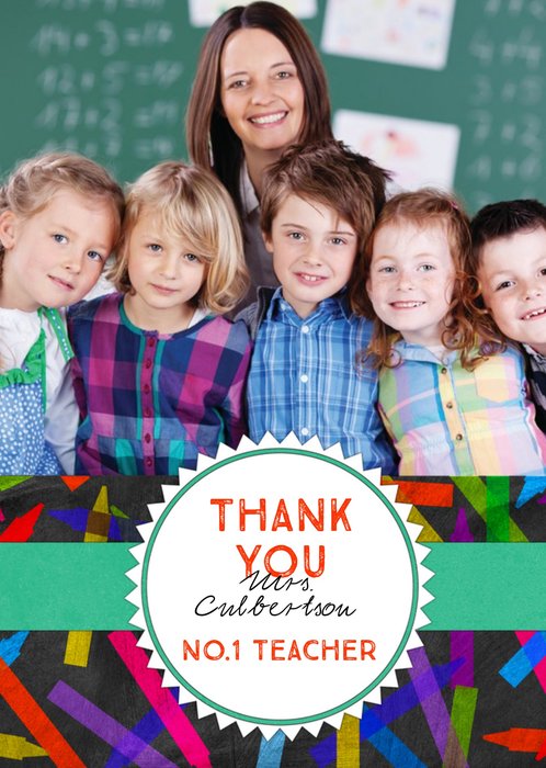 Colourful Crayons No.1 Teacher Personalised Photo Upload Thank You Card