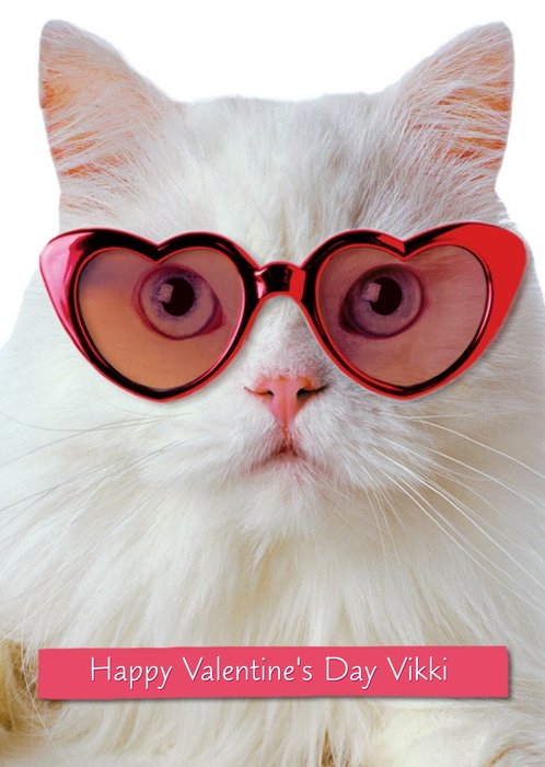 White Cat Wearing Heart Sunglasses Personalised Valentine's Day Card