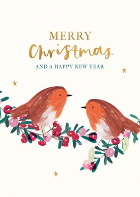 Festive Watercolour Illustrated Robins Christmas Card