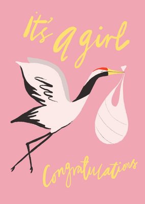 Katy Welsh Illustration of A Stork Carrying a Baby Bundle Its A Girl Congratulations