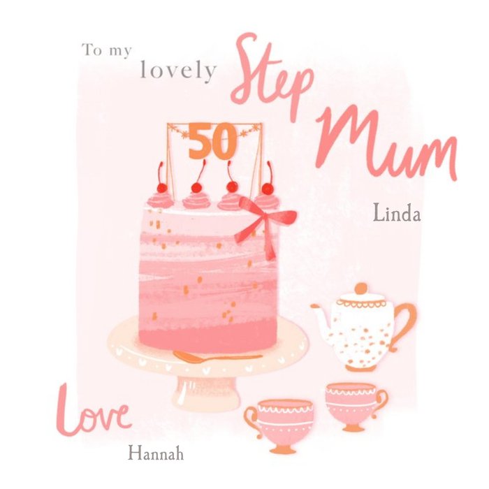 Illustrated Pink Step Mum 50th Birthday Card