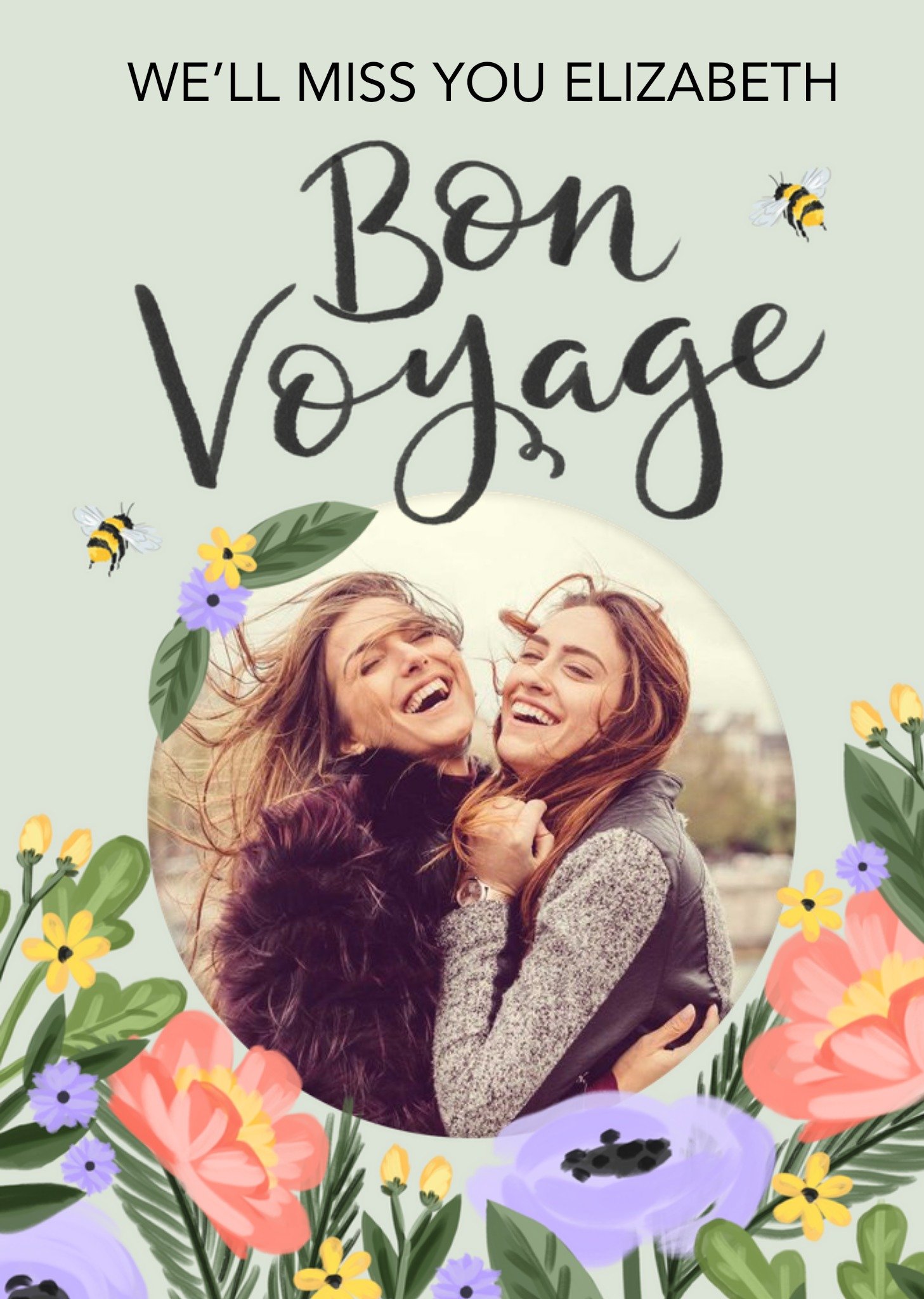 Friends Illustration Of Flowers Surround A Circular Photo Frame Bon Voyage Photo Upload Card, Large