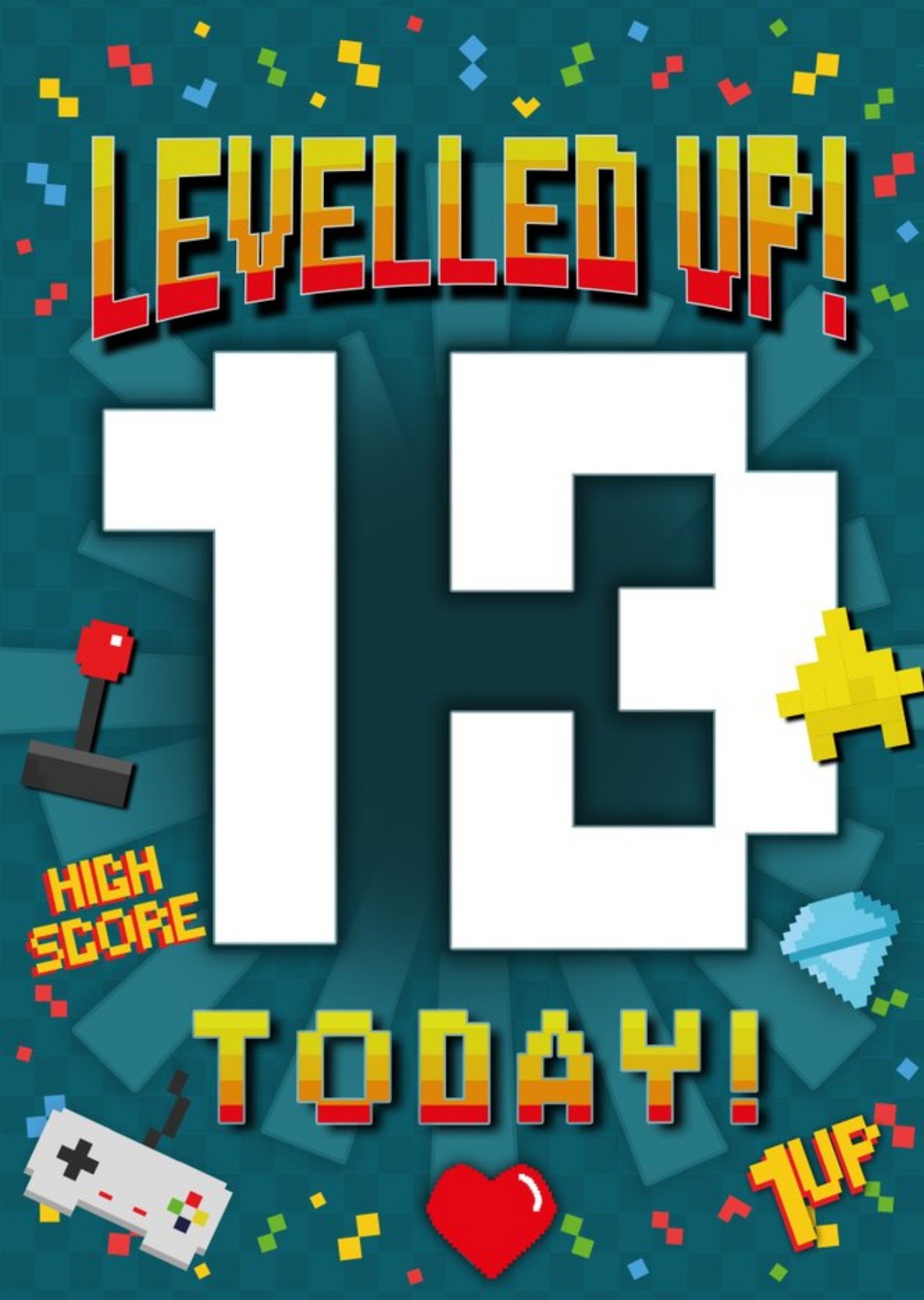 Moonpig Pixel Gaming Levelled Up 13 Today Birthday Card, Large