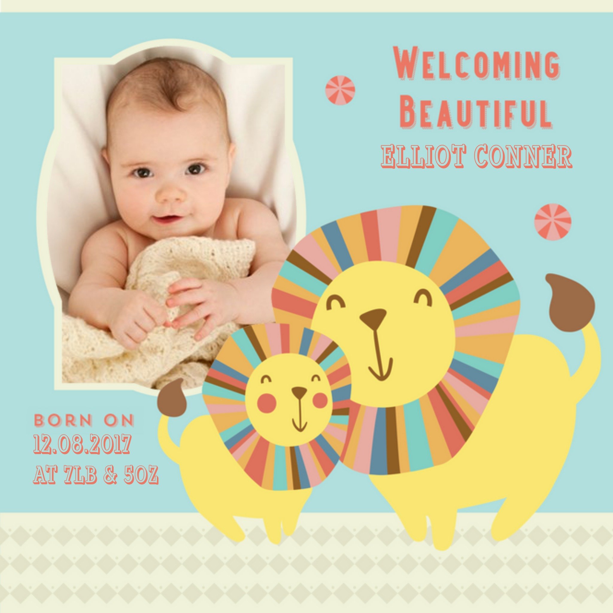 Rainbow Lions New Baby Photo Card, Square