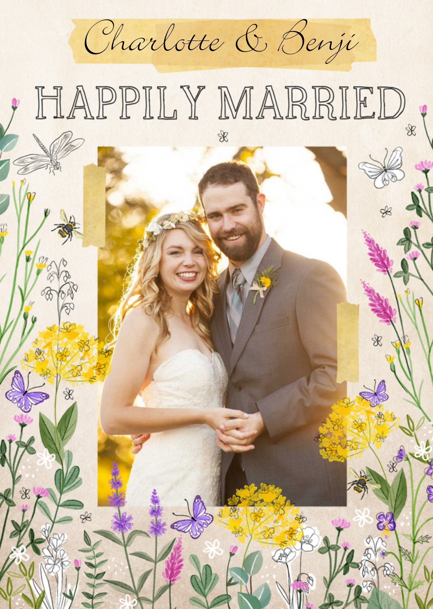 Okey Dokey Design Illustration Of Flowers And Butterflies Happily Married Photo Upload Wedding Card 