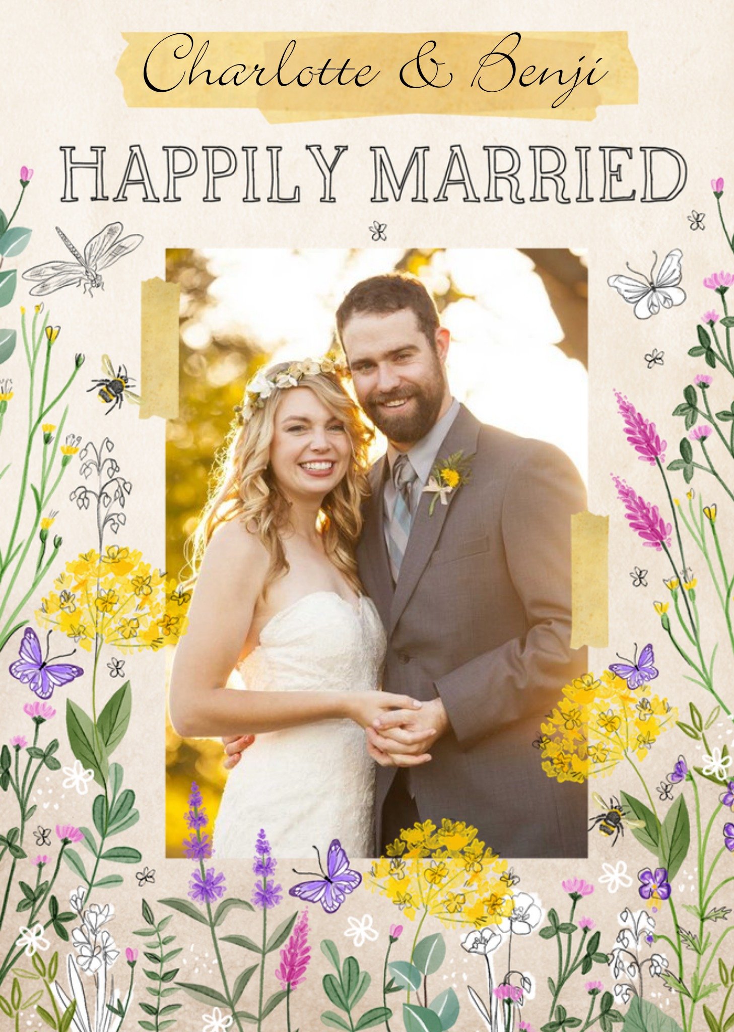 Okey Dokey Design Illustration Of Flowers And Butterflies Happily Married Photo Upload Wedding Card Ecard