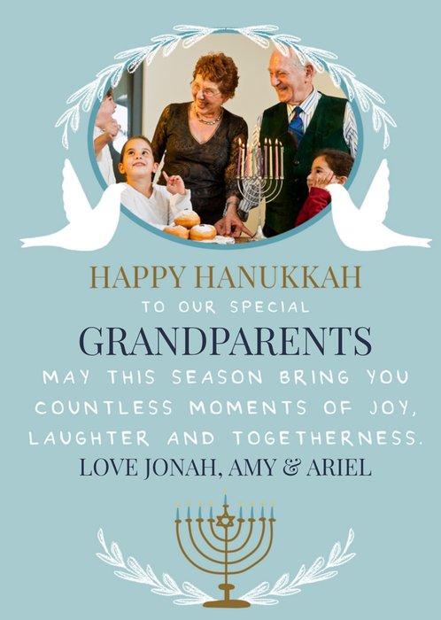 Caring Two Doves Menorah Candelabra Grandparents Typography Photo Upload Hanukkah Card