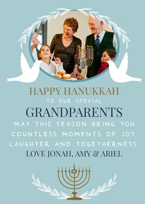 Caring Two Doves Menorah Candelabra Grandparents Typography Photo Upload Hanukkah Card