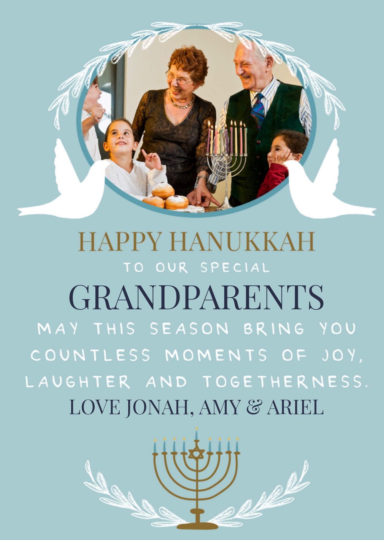 Moonpig Caring Two Doves Menorah Candelabra Grandparents Typography Photo Upload Hanukkah Card Ecard