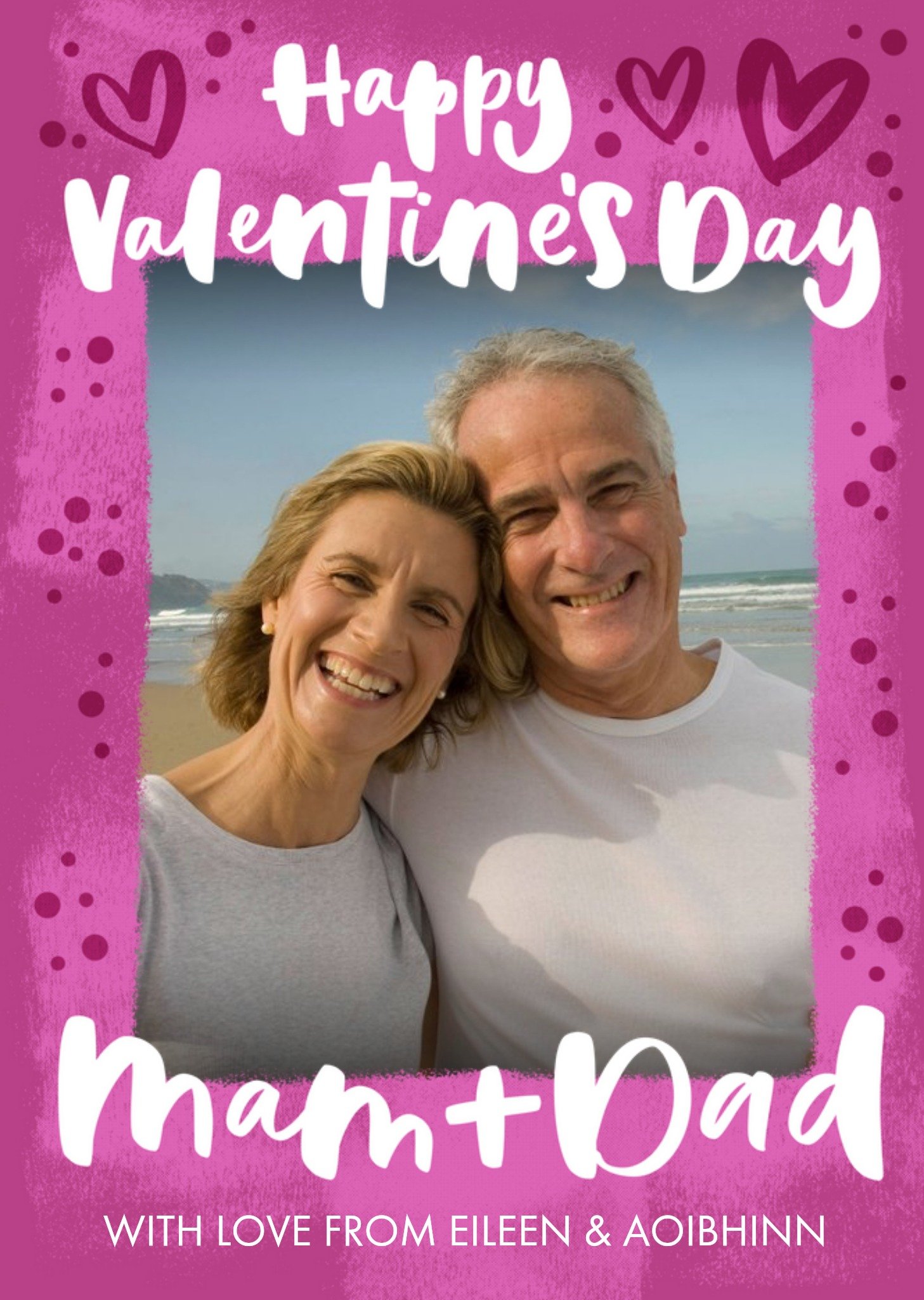 Moonpig Handwritten Typography On A Pink Background With Hearts Mum And Dad Valentine's Photo Upload