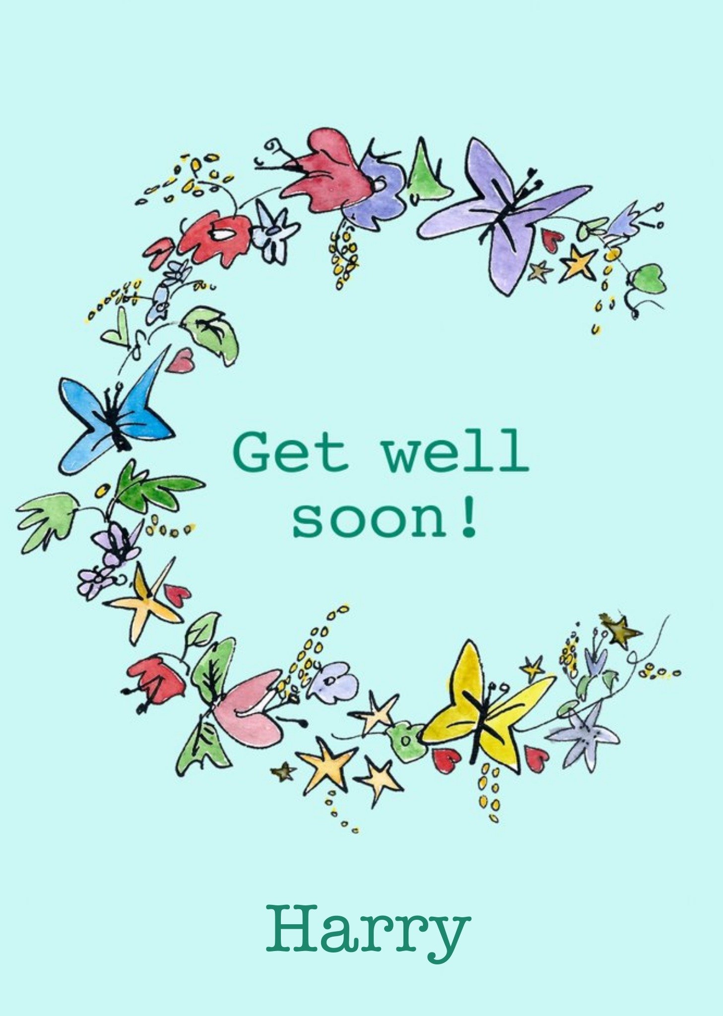 Moonpig Illustration Of Flowers And Butterflies Surrounding Text Get Well Soon Card, Large