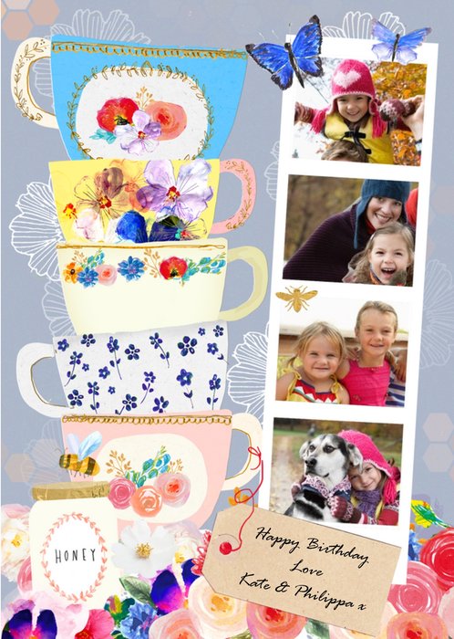 Bright Colours And Gorgeous Printed Tea Cups Personalised Photo Card